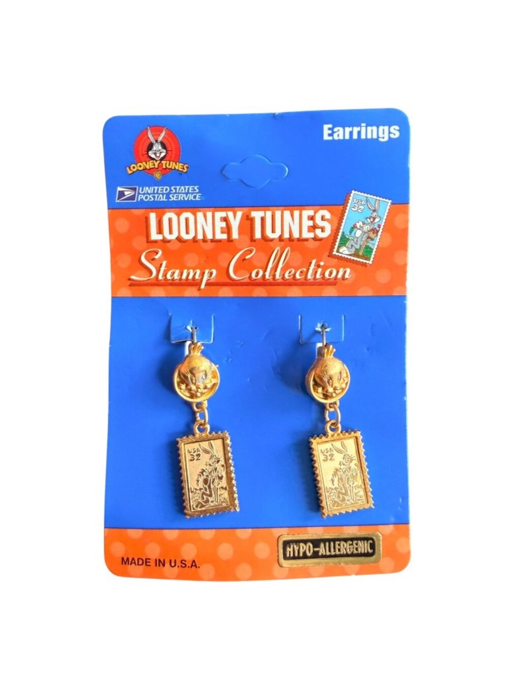 Vintage 1997 Looney Tunes USPS Stamp Earrings Tweety Bugs Bunny Gold Tone